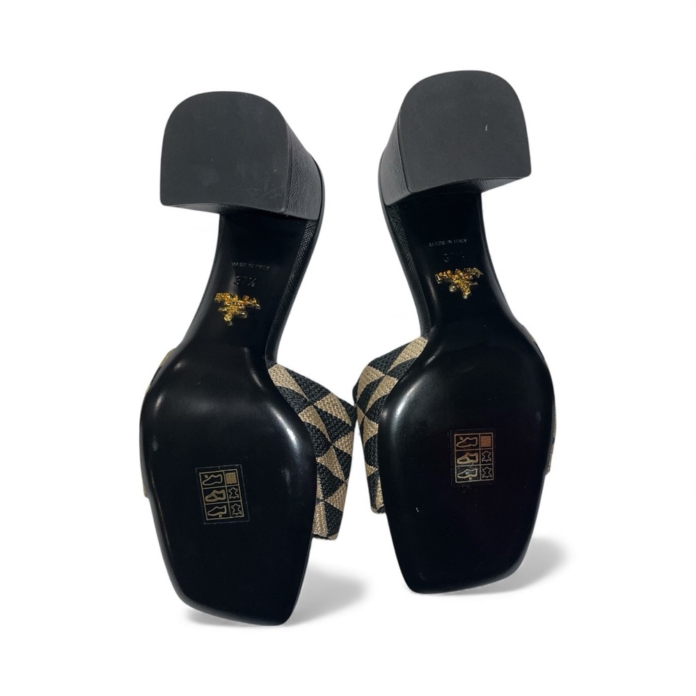 Prada Black Tan Slide Sandals Heeled Mules Jacquard Triangolo Open Toe 7.5 🟡 - Picture 10 of 13